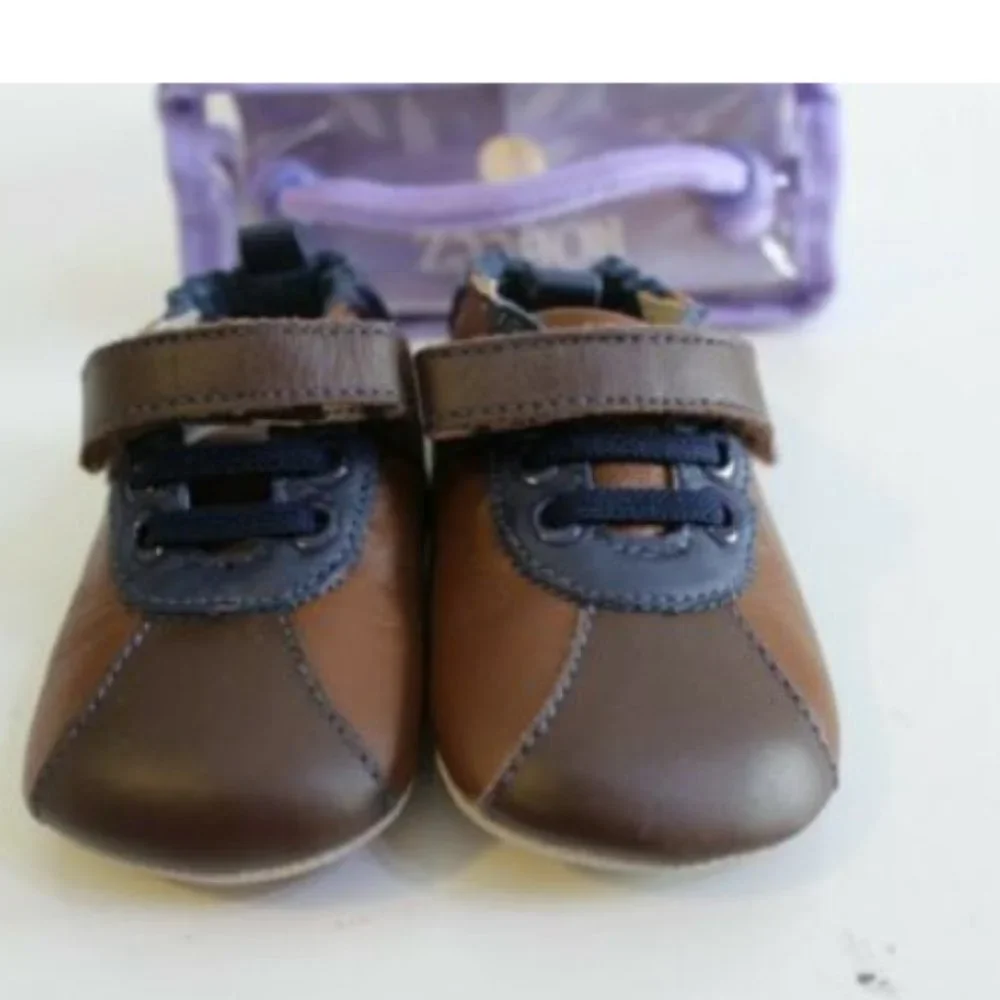 Robeez Brown Navy Leather Crib Shoes Infant Size 2
